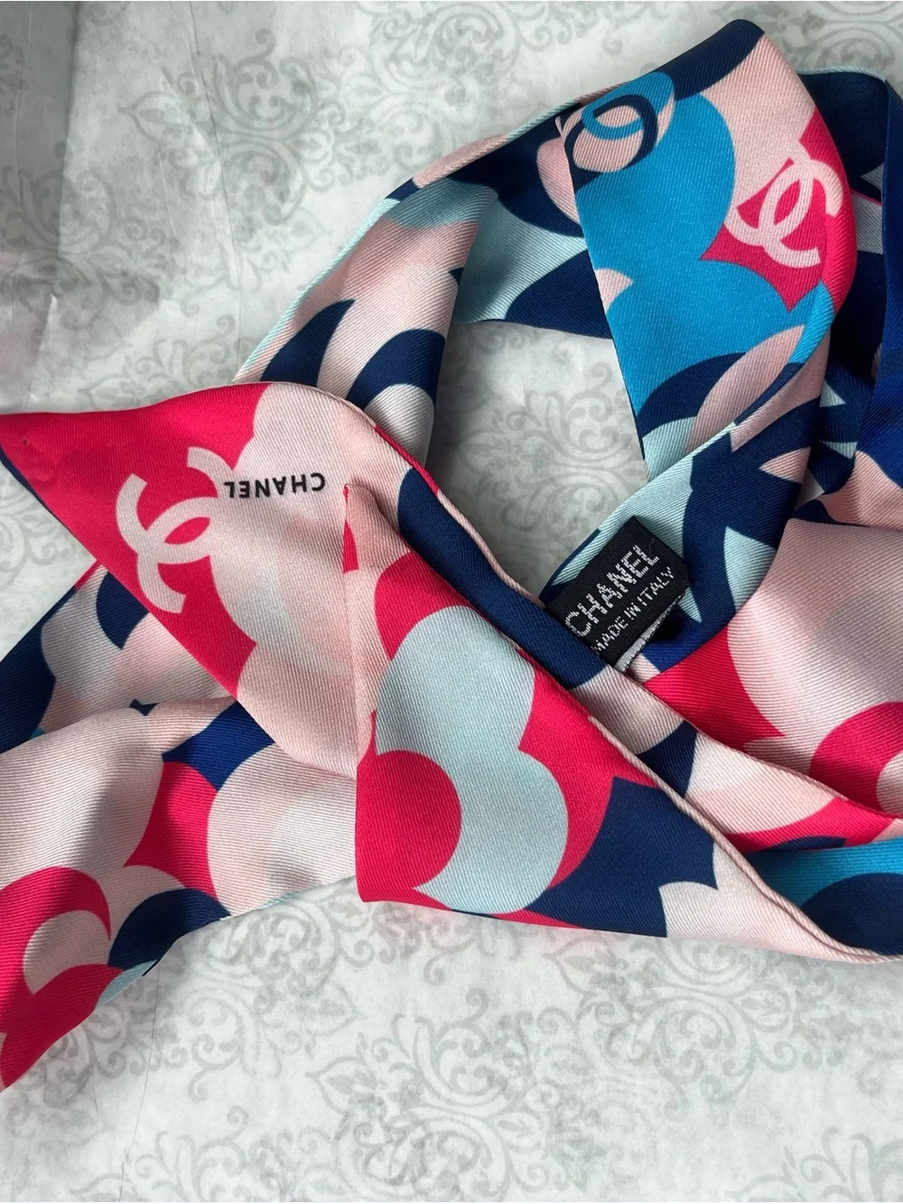Authentic Chanel  Blue Red Flower Maxi Twilly, Necktie or purse Scarf Silk